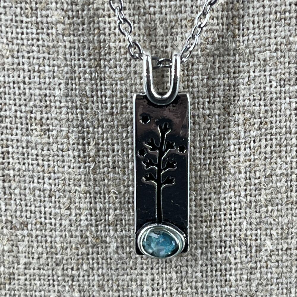 Sand Tree Silver Tone Necklace Adjustable 22” Rectangular Pendant With Stone